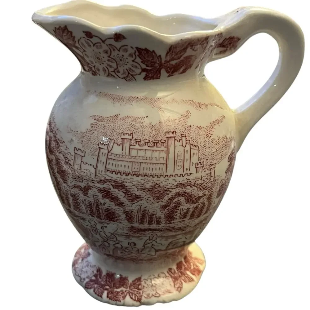 English Red Transferware Mini Pitcher with Saucer Scenic Castle Set England Home